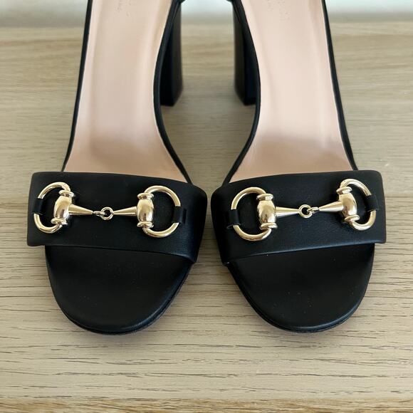 Gucci Horsebit Black Leather Block Heel Sandals Size 37 Made in Italy - Picture 3 of 11